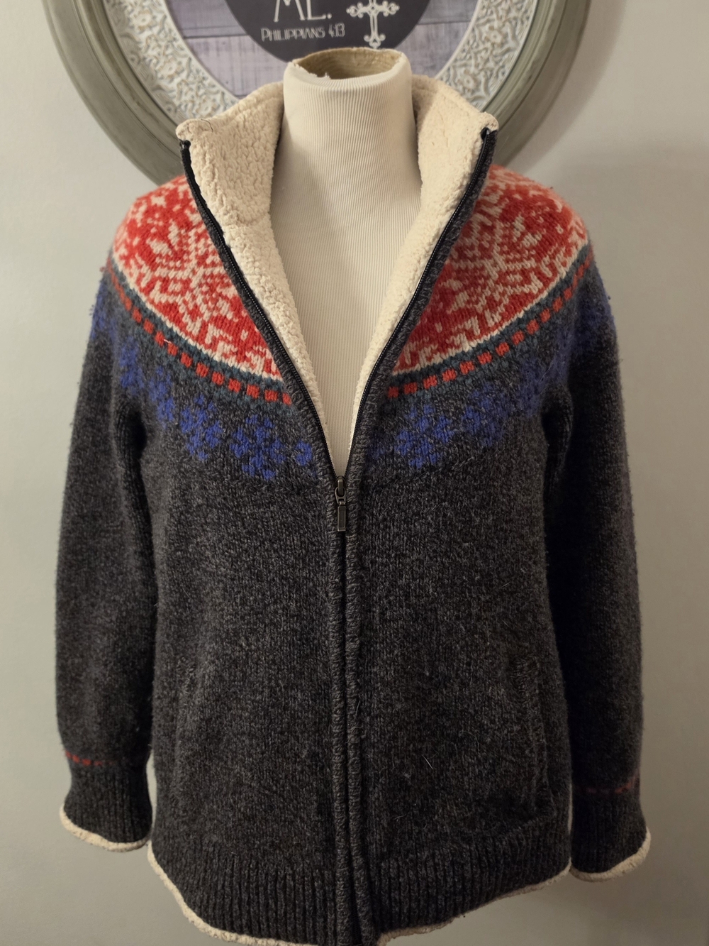 L.L. Bean Dark Gray Zip-Up Sweater Jacket with Red & Blue Nordic Yoke